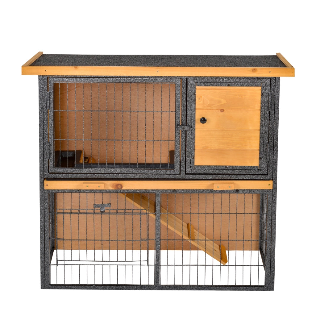 Gabbia conigli 2 livelli 3 porte rampa tetto apribile metallo legno pino - Xylo - Grigio