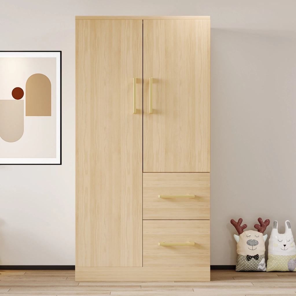 Armadio per cameretta a 2 ante con 2 cassetti e vano contenitore; 70 x 40 x 135 cm; legno naturale