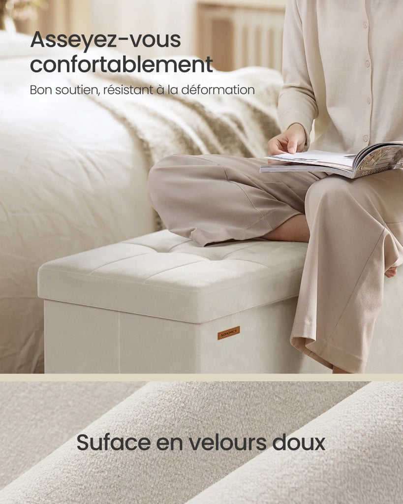 Panca contenitore pieghevole a cubo 38 x 110 x 40 cm pouf poggiapiedi 112 litri superficie in velluto per camera da letto soggiorno camerata beige 12_0004145