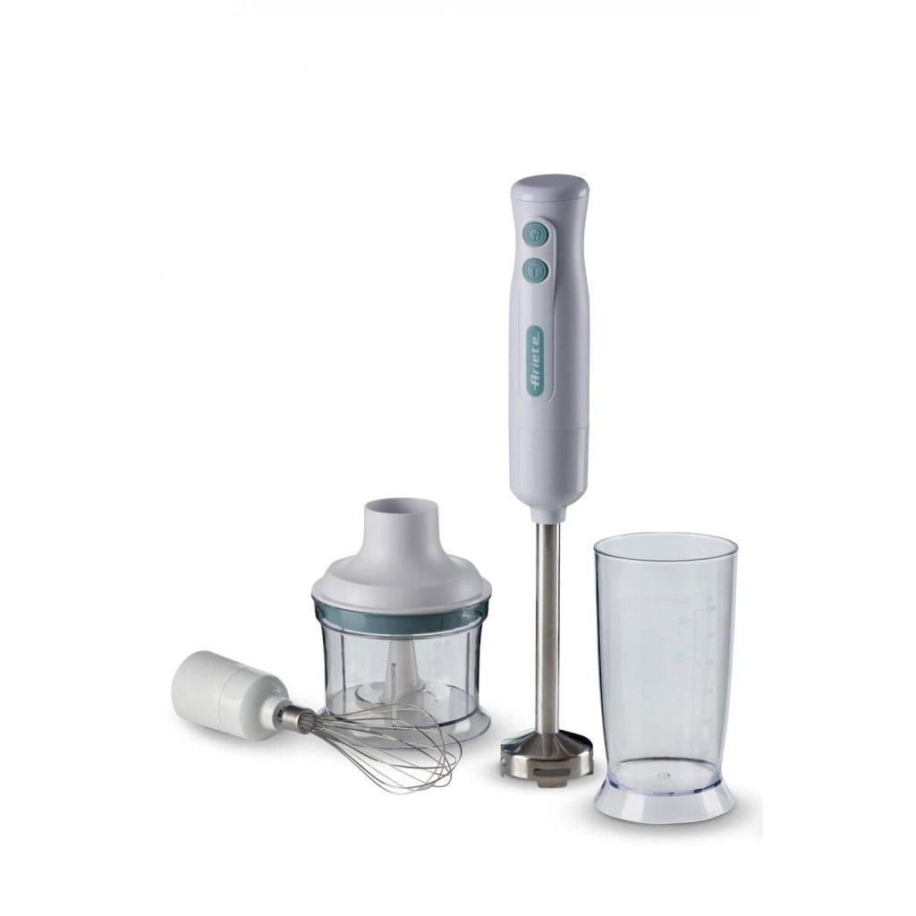 Ariete 601 Pimer 3in1, 700 W, 2 velocità, Lama in acciaio inox, Gamba removibile, Bicchiere trasparente, Bianco & Celeste