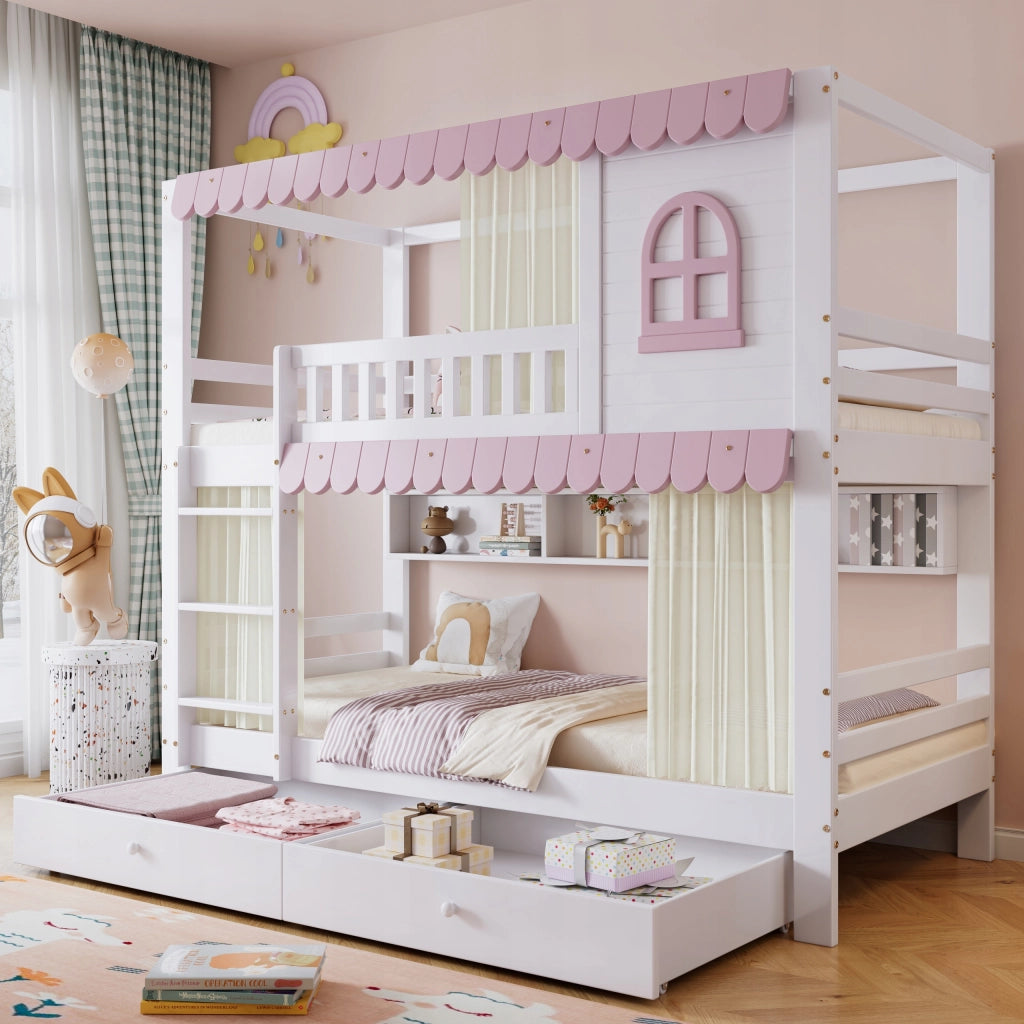 Letto a castello per bambini - Xylo - 90x200 - Bianco-rosa