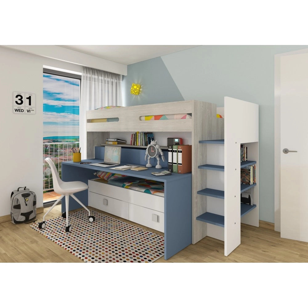 Letto a castello con scrivania estraibile 6070 colore bianco celeste
