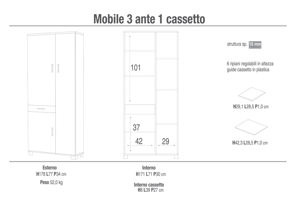 Armadio 3 Ante 1 Cassetto 77x178x34 cm Olmo Chiaro
