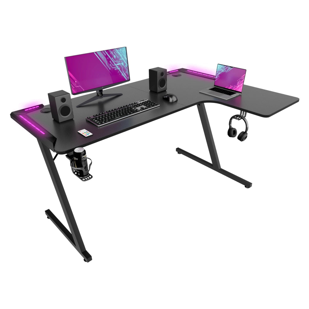 Shigeru - Scrivania da Gaming Angolare 140x99x76 cm con LED in MDF e Metallo Nero