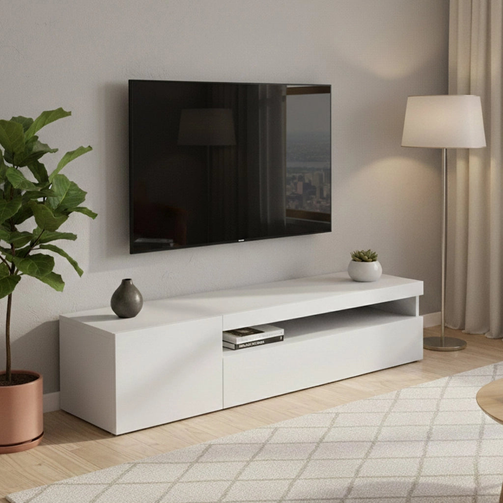Mobile da soggiorno Porta Ardy, Made in Italy, Credenza per Ardy a 2 ante, Porta Ardy da salotto, cm 150x40h37, Bianco lucido, con luce LED blu