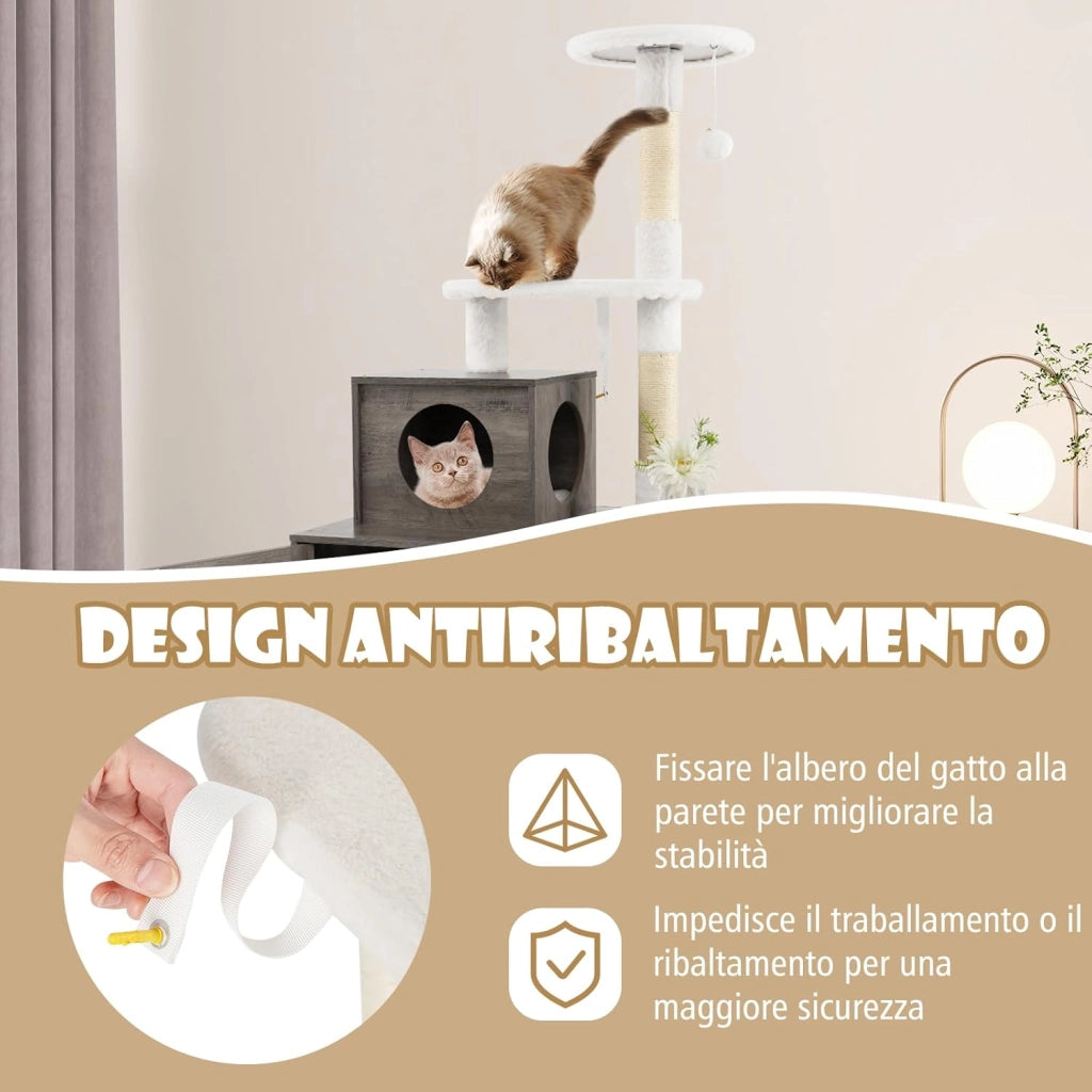 Tiragraffi per Gatti Adulti con Rifugio ad Ante Nascosto, Torre per Gatti con Cuccia, Piattaforma, Cuscini e Tiragraffi, Albero per Animali Grandi Alto in Legno, 77,5 x 49 x 132 cm (Grigio)