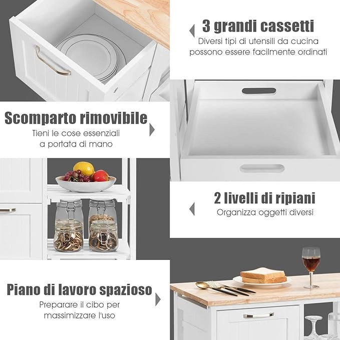 Carrello da Cucina con Ruote, Credenza Cucina con 4 Ripiani e 3 Cassetti, in Legno, Ideale per Cucina Ristorante e Bar, 67 x 37 x 83,5 cm (Bianco)