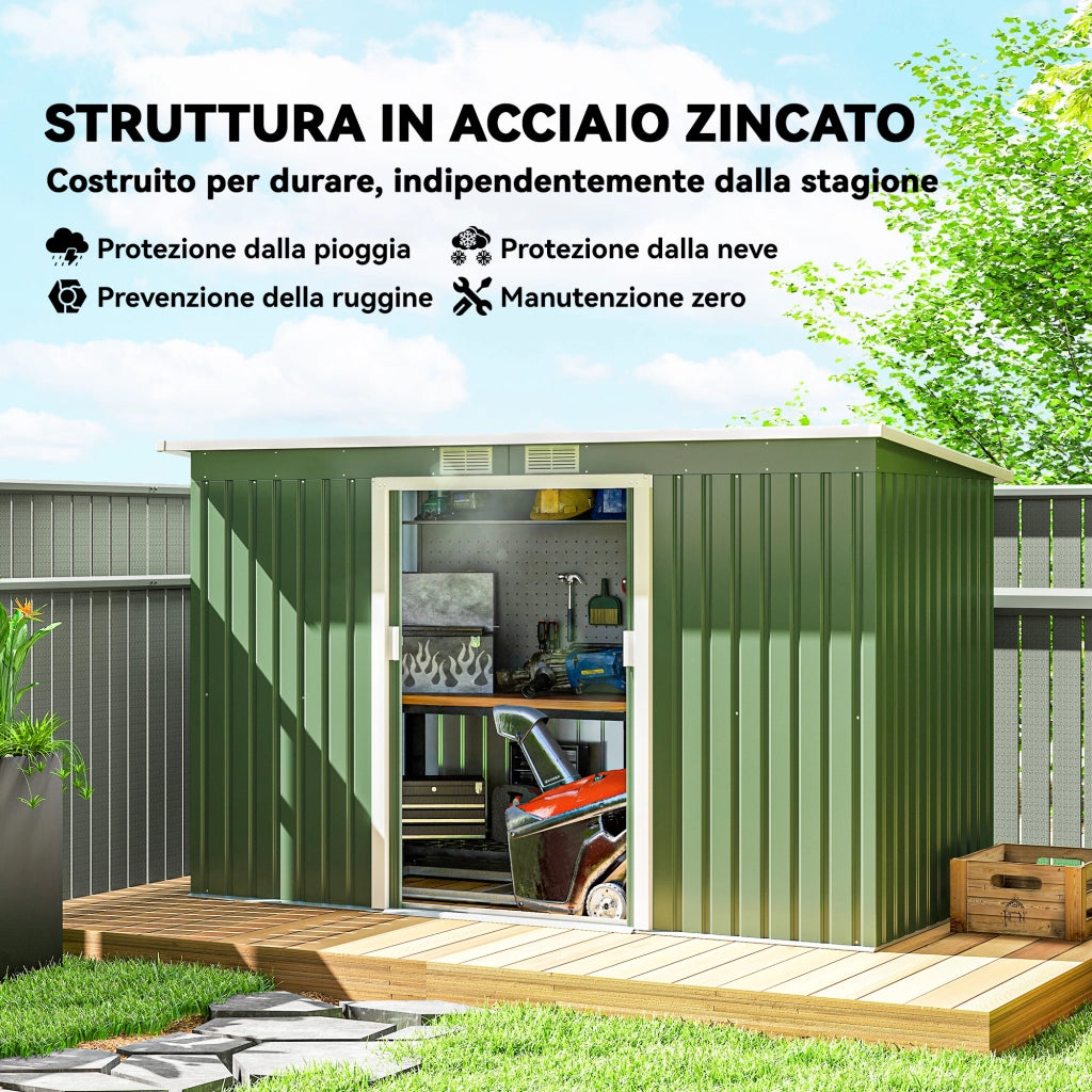 Casetta da Giardino 3.2m2 in Acciaio Zincato con Kit Fondazione. Prese d'Aria. Capanno Porta Attrezzi con Tetto Inclinato. Doppia Porta Scorrevole Bloccabile. Verde Chiaro