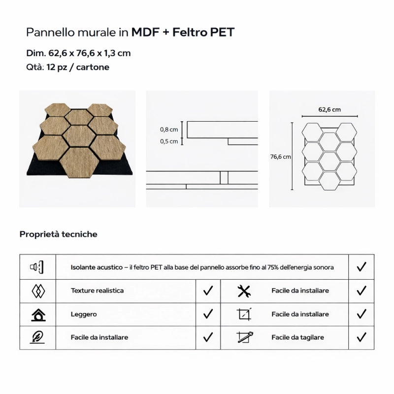 Pannello Decorativo In Legno Mdf Motivo Esagonale E Feltro Pet Set 12 Pz 62x76 Rivestimento Murale Fonoassorbente Rovere