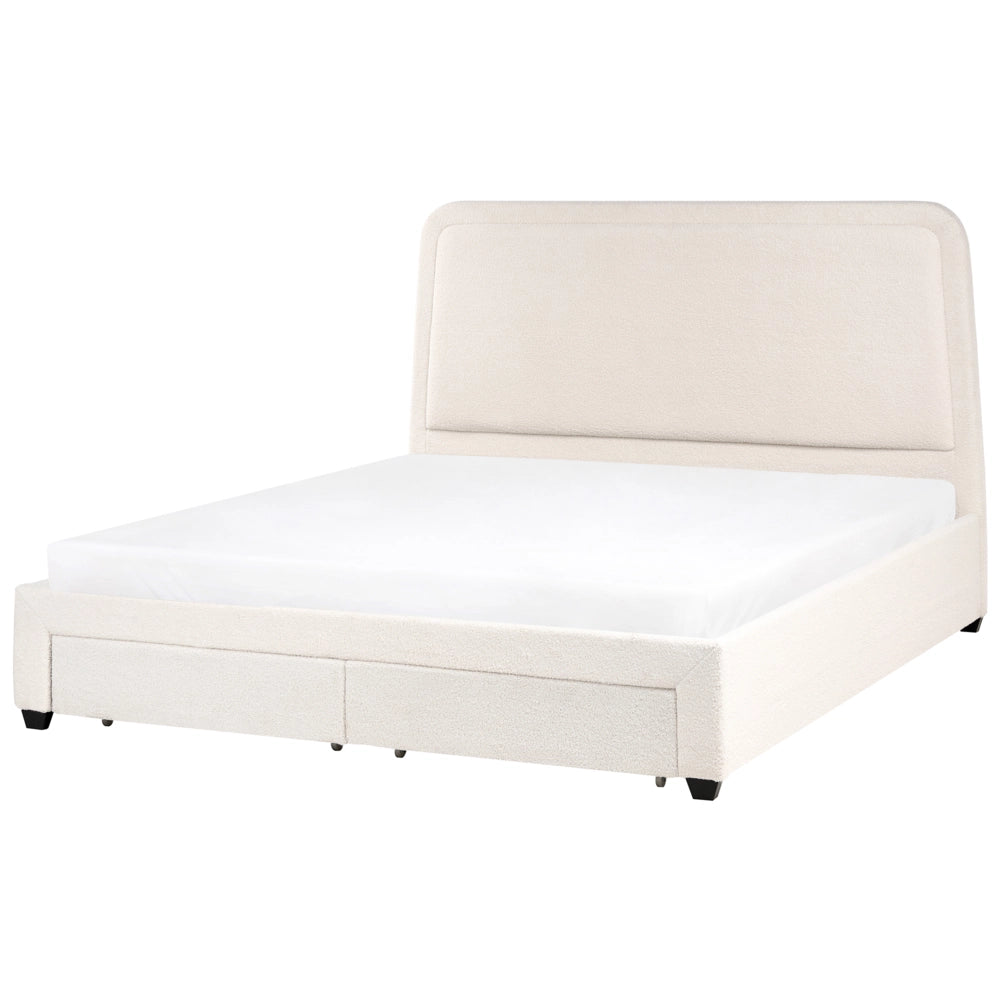Letto imbottito in bouclé bianco sporco 180 x 200 cm Design scandinavo con morbidi cassetti sulla testiera