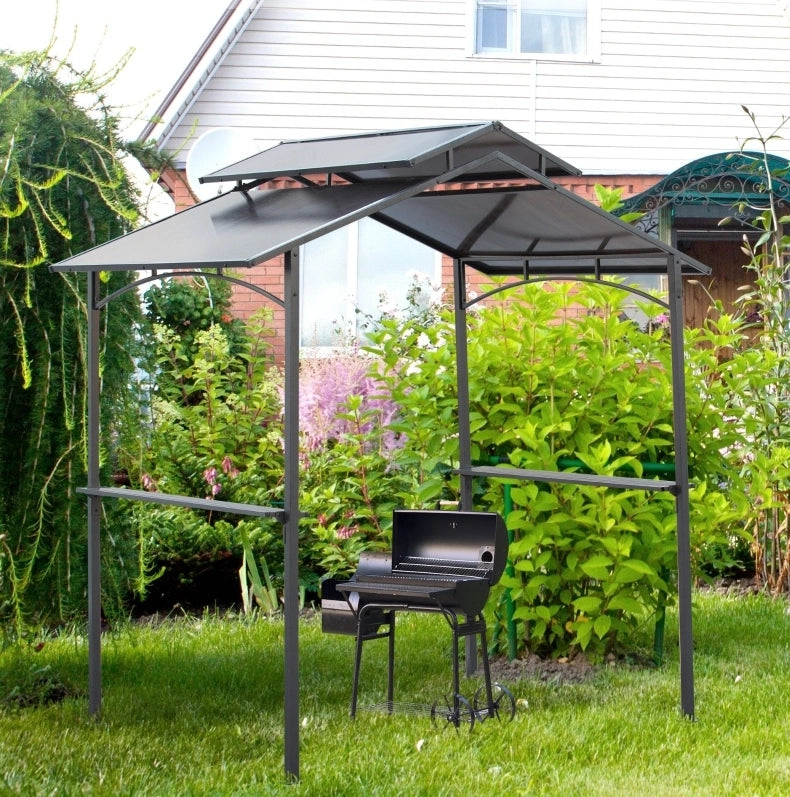 Gazebo per barbecue ULEVR 240x150x250 cm con tetto in PC, 2 ripiani laterali e struttura in acciaio, nero e marrone