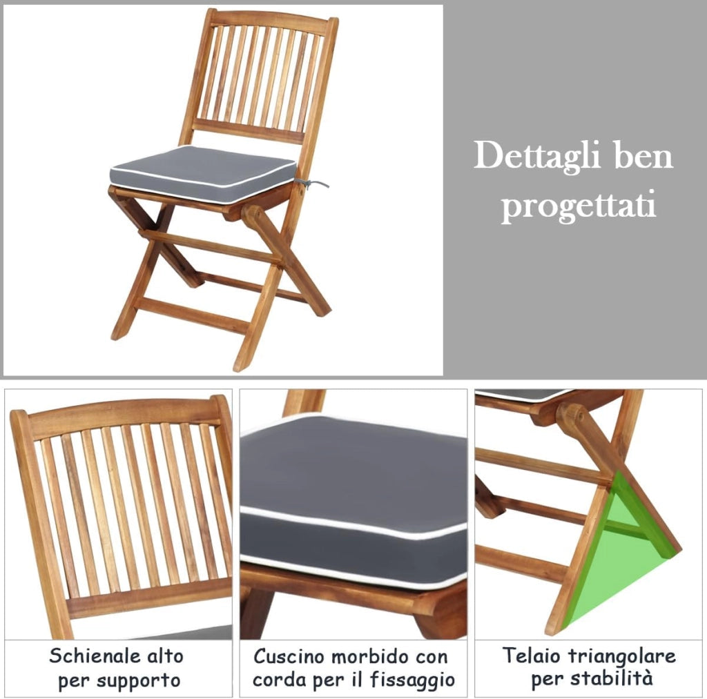 Set Tavolino e Sedie da Girdino Pieghevole, Set da Bistro 3 Pezzi in Legno di Acacia, con Cuscino, Set di Mobili da Esterno, Tavolino Portato 80kg, Sedie Portate 160kg (Cuscino Grigio)