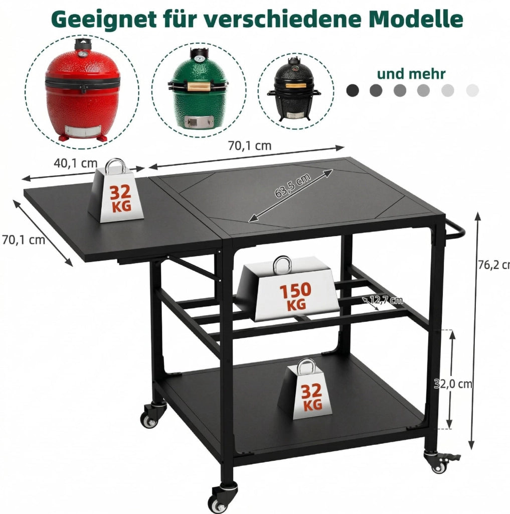 Carrello portabarbecue ULEVR in metallo nero per grill Kamado ? 53-66 cm, con piano pieghevole, ripiano e ruote