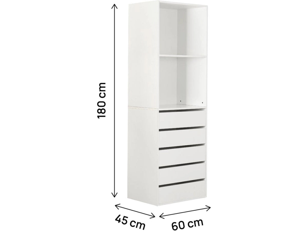 Armadio "Opéra" con 5 cassetti e 2 ripiani - 60 x 45 x 180 cm - Bianco
