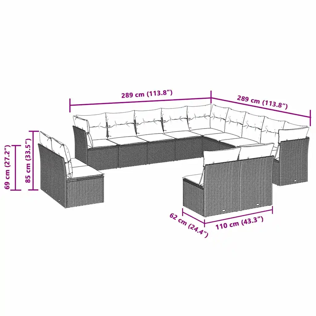 Set Divani Giardino 13 pz con Cuscini Grigio Chiaro Polyrattan