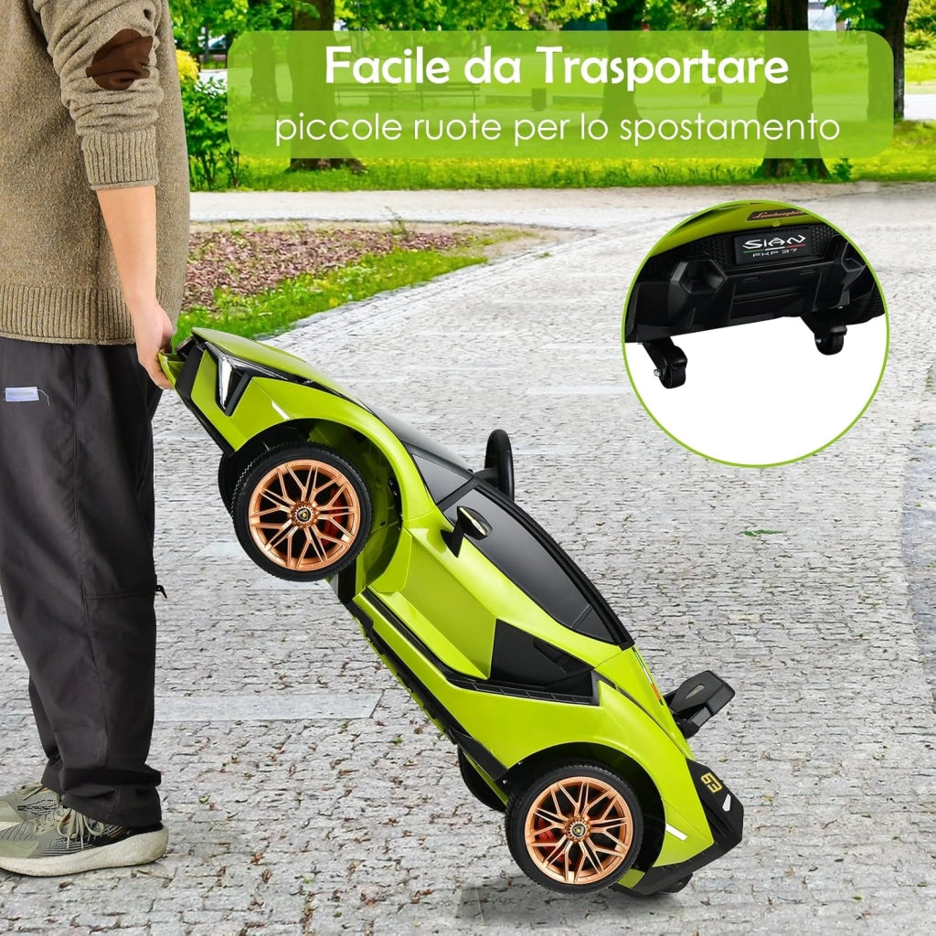 Macchina Elettrica Lamborghini per Bambini da 12V, Veicolo Elettrico con Luci LED MP3 Telecomando, Fino a 5km/h, +3 Anni (Verde)