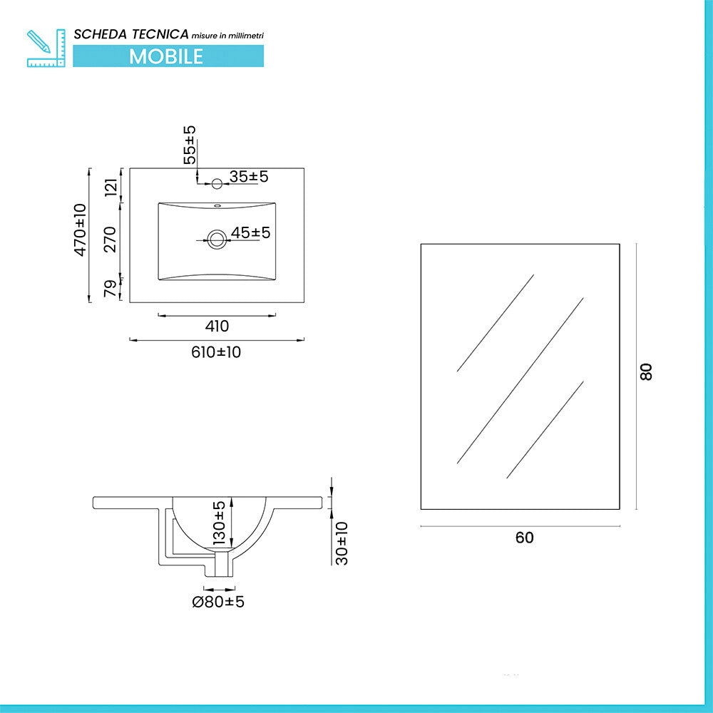 Mobile bagno sospeso 60cm bianco opaco con cassetti lavabo e specchio Elva