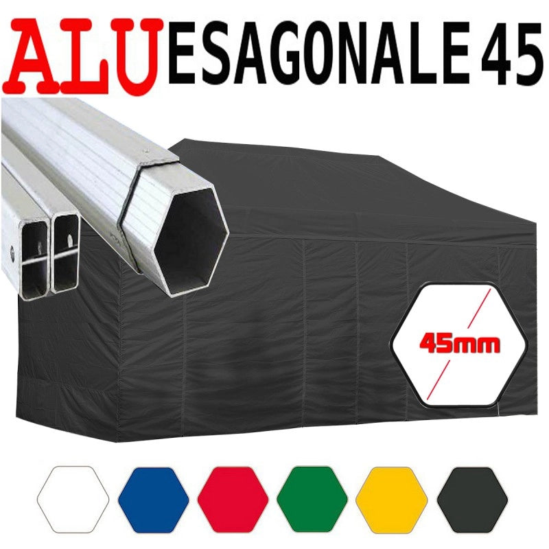 Gazebo 3X6 m nero pieghevole alluminio piantone esagonale 45mm portatile estendibile richiudibile estensibile acciaio con laterali per fiere eventi stand chiosco tenda tendone mercato mercatino