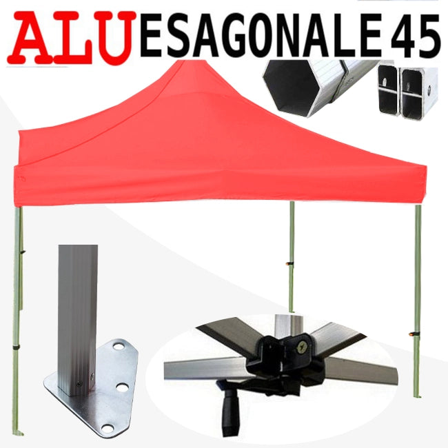Gazebo 3x3 m rosso SENZA laterali pieghevole alluminio piantone esagonale 45mm portatile estendibile richiudibile estensibile acciaio per fiere eventi stand chiosco tenda tendone mercato mercatino