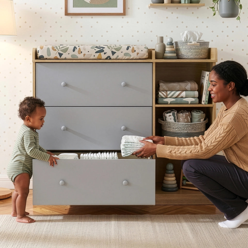 Cassettiera Beldinupp con Piano Fasciatoio Rimovibile 93 x 110 x 55 cm - Effetto Rovere / Grigio [en.casa]