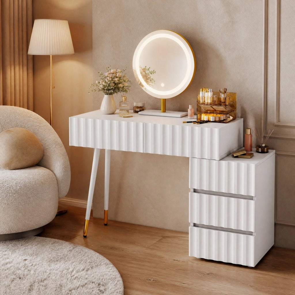 Tavolo da trucco con specchio LED e 5 cassetti