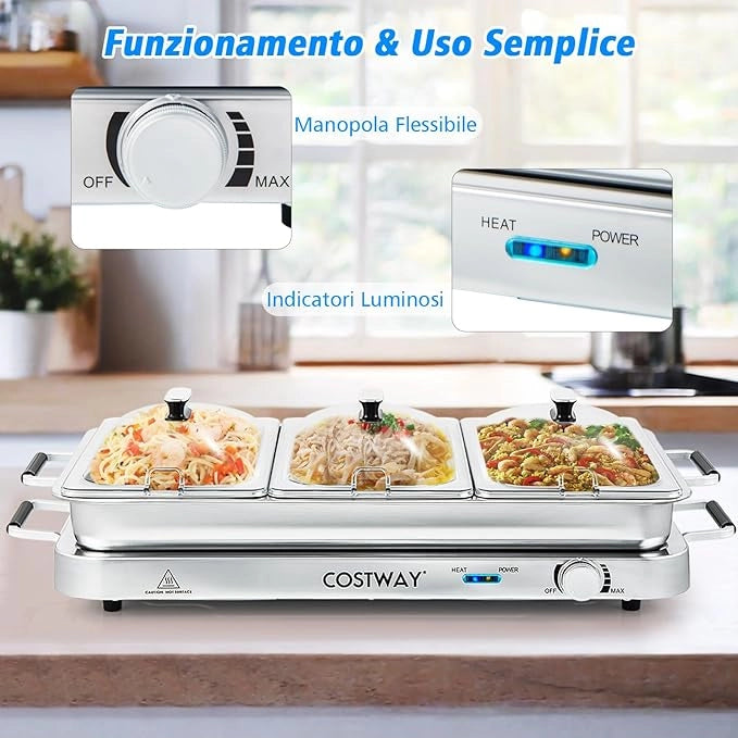 9 L Scaldavivande Elettrico Portatile, 2 in 1 Vassoio Riscaldante Elettrico con Controllo della Temperatura, Scalda Vivande in Acciaio da 450W con 3 Vassoi, per Buffet Feste