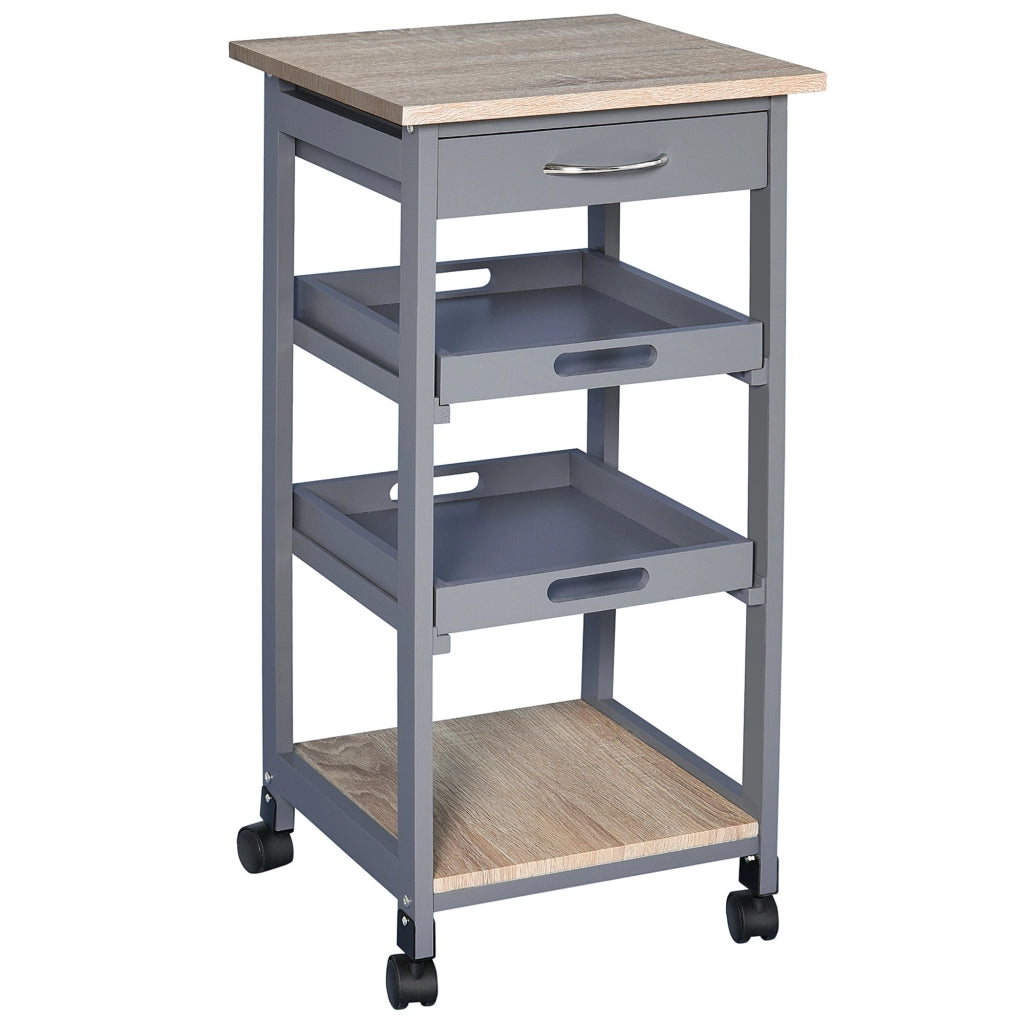 EasyComfort Carrello da Cucina con Cassetto, 2 Vassoi Estraibili e Ripiano Fisso, in Legno di Pino e MDF, 37x37x76 cm
