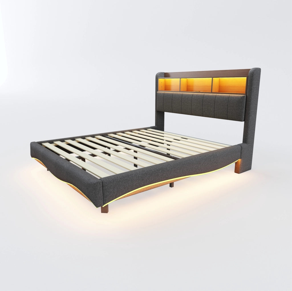 Letto imbottito sospeso 160 x 200 cm con LED, USB e Type-C grigio