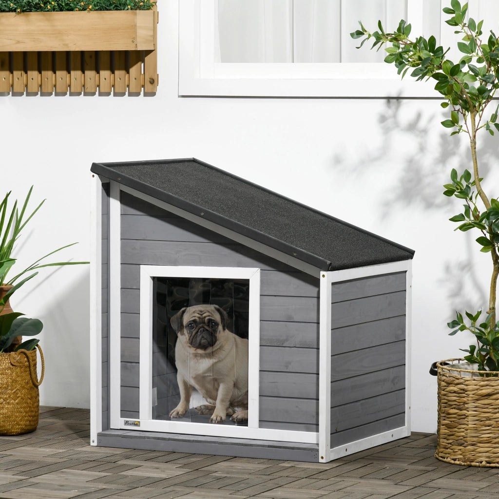 Cuccia per Cani in Legno Massello ¨C Xylo ¨C Tetto Bituminoso, Resistente alle Intemperie, 71x58x77 cm, Grigio e Bianco