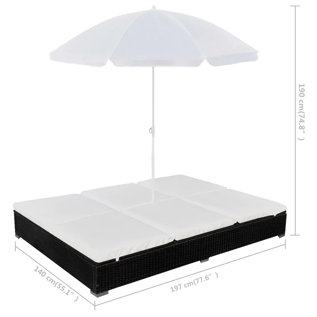 Lettino Prendisole con Ombrellone in Polyrattan Nero 42950