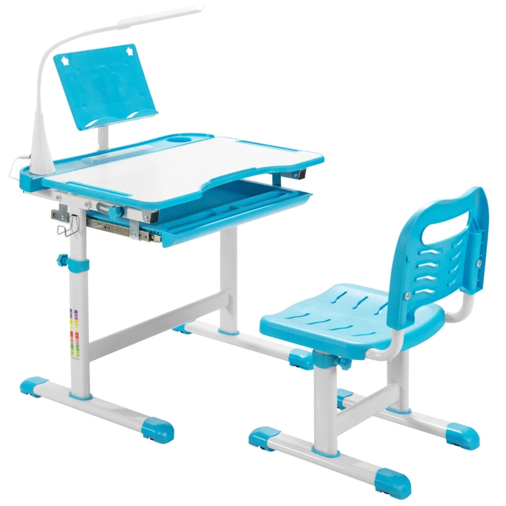 Set scrivania e sedia per bambini con altezza regolabile, Scrivania e sedia con leggio per libri e luce LED Blu-Tavoli e sedie