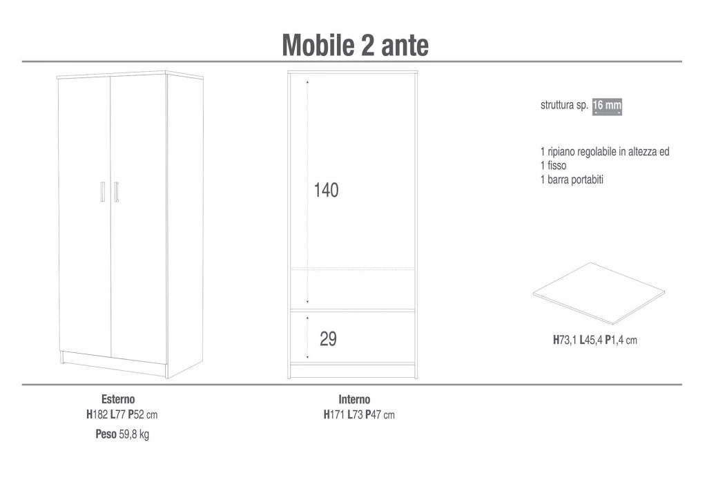 Armadio 2 Ante 77x182x52 cm Eucalipto