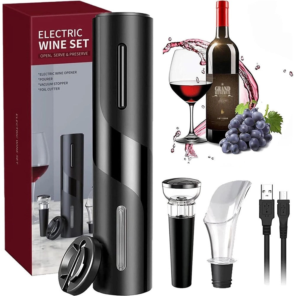 Trade Shop - Cavatappi Elettrico Vino Set Apribottiglie 5in1 Ricarica Usb Tagliapasta Tappo Versatore -
