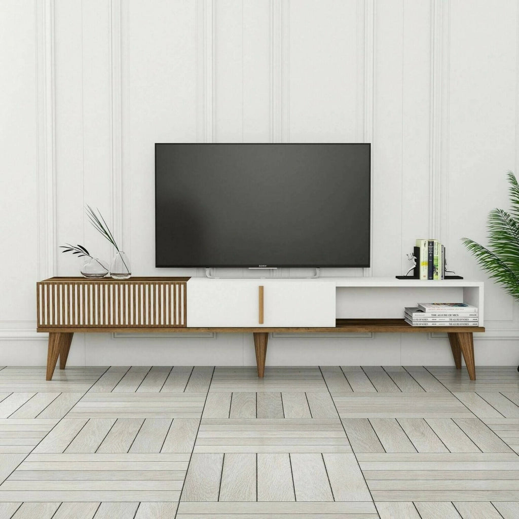 Mobile porta TV Jakuchu, Credenza da soggiorno, Armadio basso per TV, Base parete attrezzata, 180x35h40 cm, Noce e Bianco