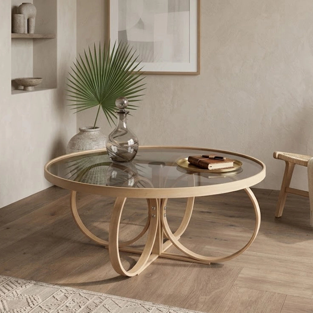 Gargallo, Tavolino da Salotto Piano in Vetro Temperato, 100x100x47h cm Marrone Rovere
