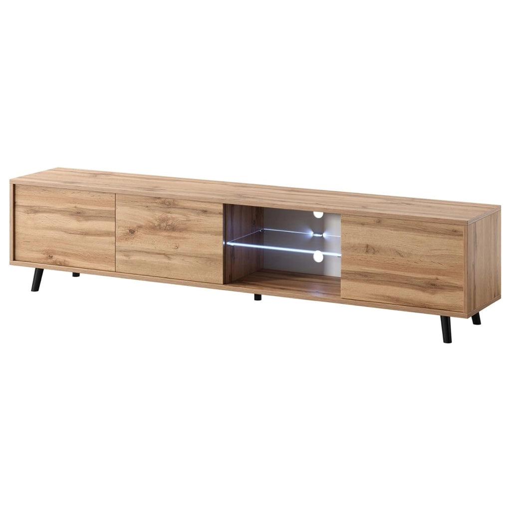 Porta Televisore Mobile TV Con 3 Ante Battenti Vano Centrale Ripiano In Vetro E LED In Melaminico Piedini In Metallo Per Soggiorno Salotto Zona Living 175 x 40 x 31.5 cm Rovere