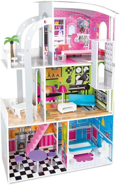 Casa delle Bambole in Legno con Ascensore Grande Casa delle Bambole di Legno con Accessori mobili Piani Inclusi 2-6 Anni