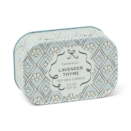 Candela Cherie in latta stampata da 127 g (4,5 oz) - Blu e bianco - Lavanda e timo
