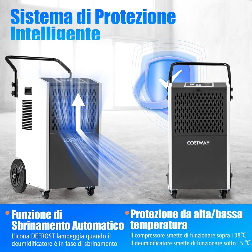 Deumidificatore Casa, Deumidificatore Elettrico con Tubo di Scarico e Timer, Deumidificatore Portatile con Ruote per Cantina, Magazzino, Fabbrica e Grandi Spazi fino a 695 m³ (Bianco)