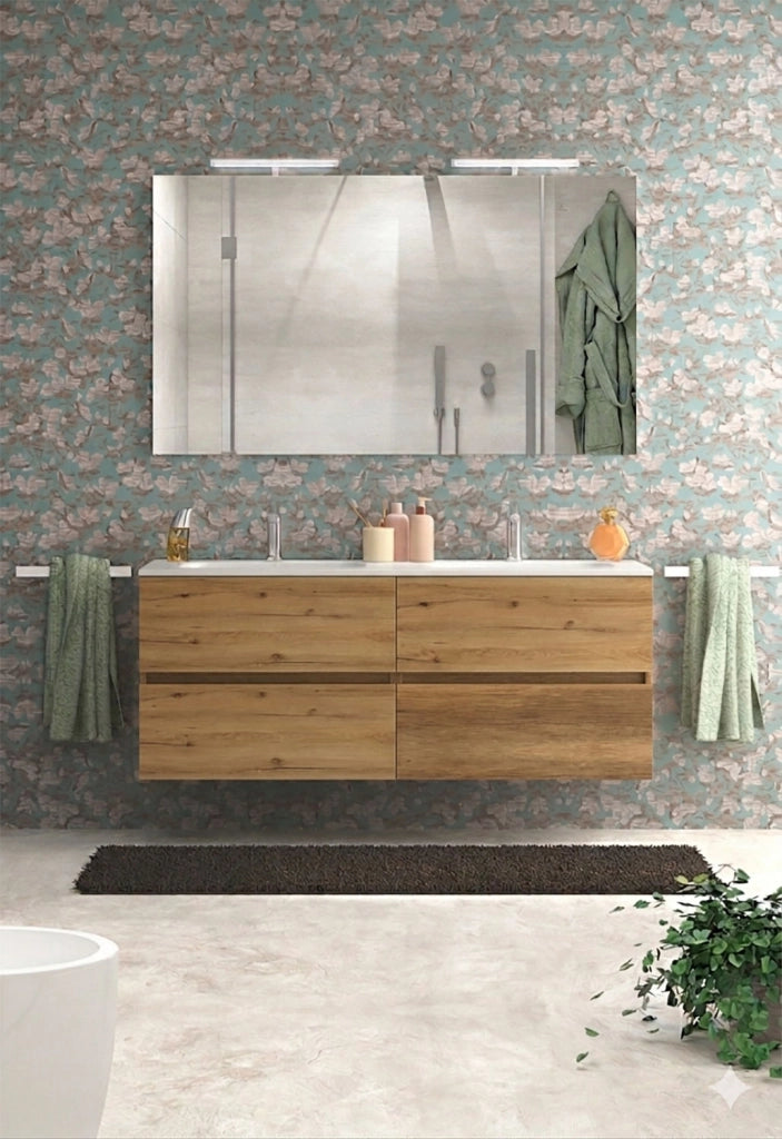 Mobile da Bagno Sospeso con Lavabo 120cm 2 Vasche e Specchio Bali Light Double Rovere Miele