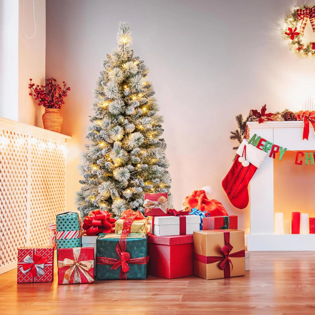 Albero di Natale Innevato 150 cm/180 cm, Albero di Natale Pop-Up con 130/170 Luci LED Bianco Caldo, Aghi di Pino, 378/517 Punte di Rami e Sezione Pieghevole & Supporto in Metallo (150 CM)