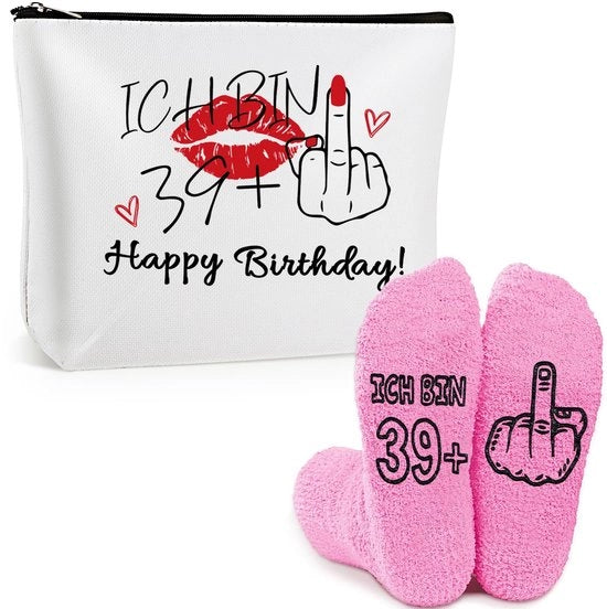 Regalo per il 40° compleanno di una donna, 39+1 regalo divertente per donna inclusivo di borsa cosmetica impermeabile e calze antiscivolo per donna, regalo di compleanno per donna donna figlia madre