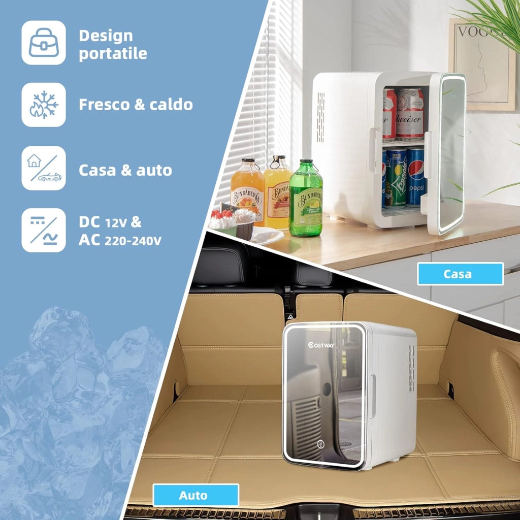 10 L Mini Frigo Portatile 220 V AC/12 V DC con Specchio LED per Prodotti di Bellezza, Bevande, Frigo Termostatico e Riscaldamento per Auto, 23 x 28 x 34 cm
