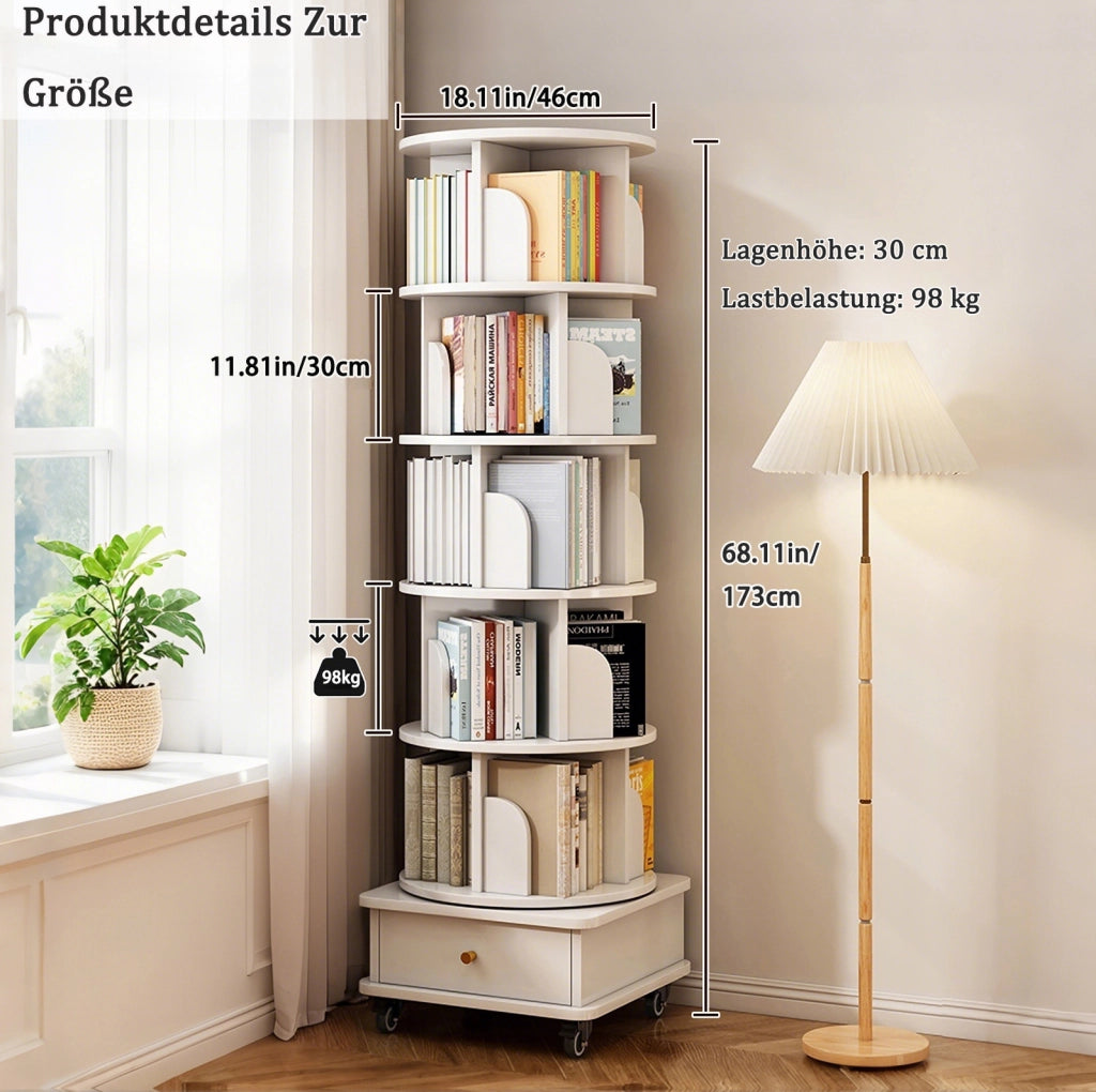Libreria girevole 360° con cassetto e ruote, bianca