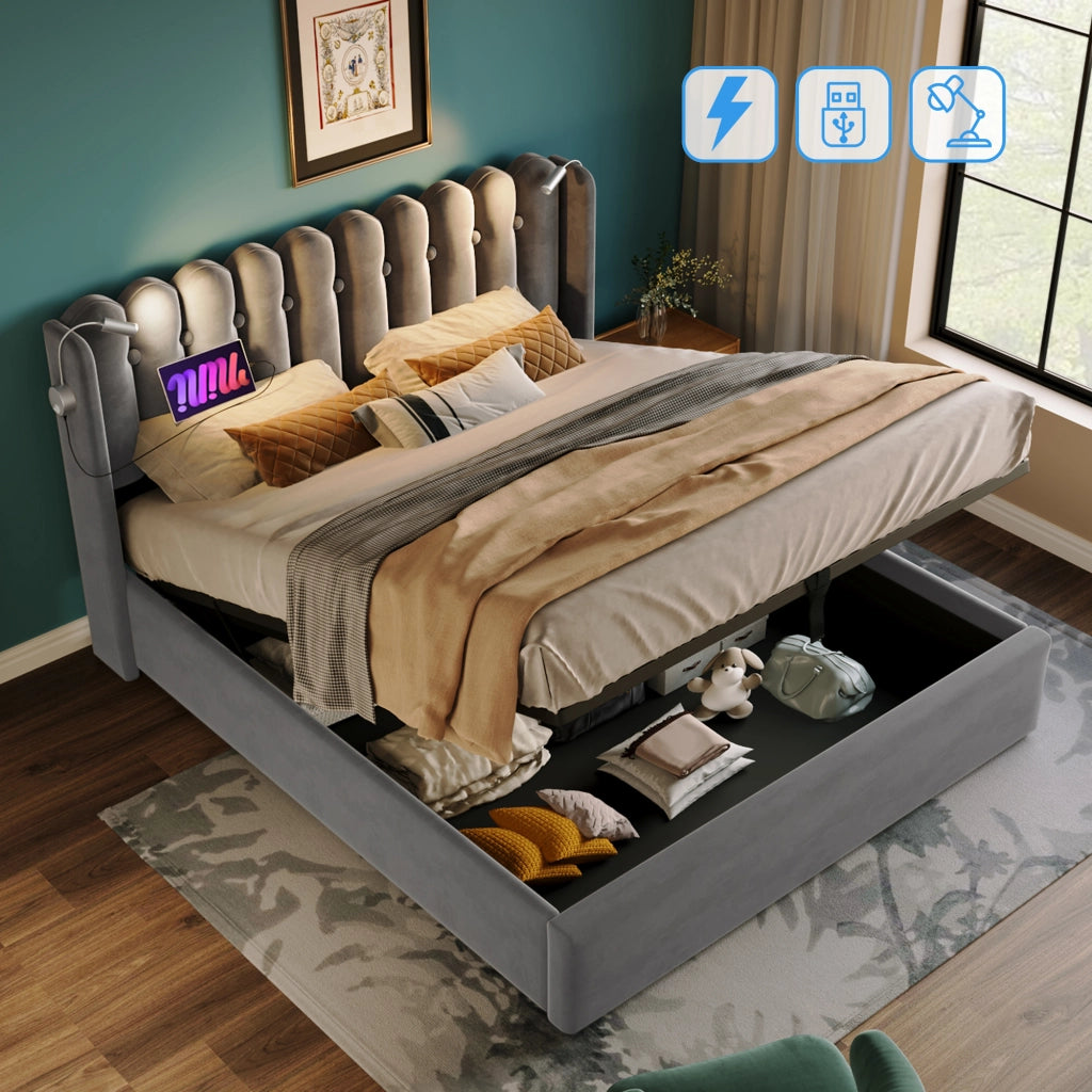 Letto matrimoniale – 160x200 cm – luce USB contenitore – velluto grigio