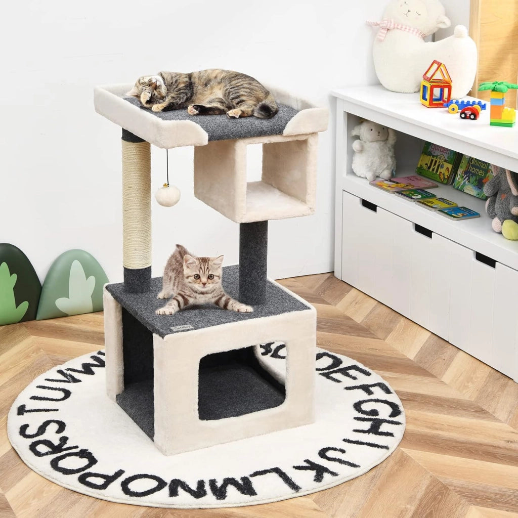 Tiragraffi per Gatti Piccoli, Tiragraffi Gatto con Cuccia, Piattaforme, Pallina e Tiragraffi in Sisal, Albero Tiragraffi in Legno da Divano, Salotto e Camera da Letto, 42 x 42 x 80 cm