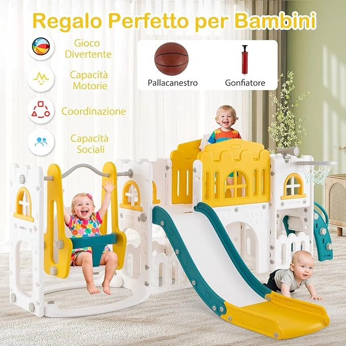 10 in 1 Parco Giochi per Bambini, Set Altalena e Scivolo con Canestro da Basket Telescopio Volante, Palestra da Gioco per Bambini 1 Anni + (Giallo)