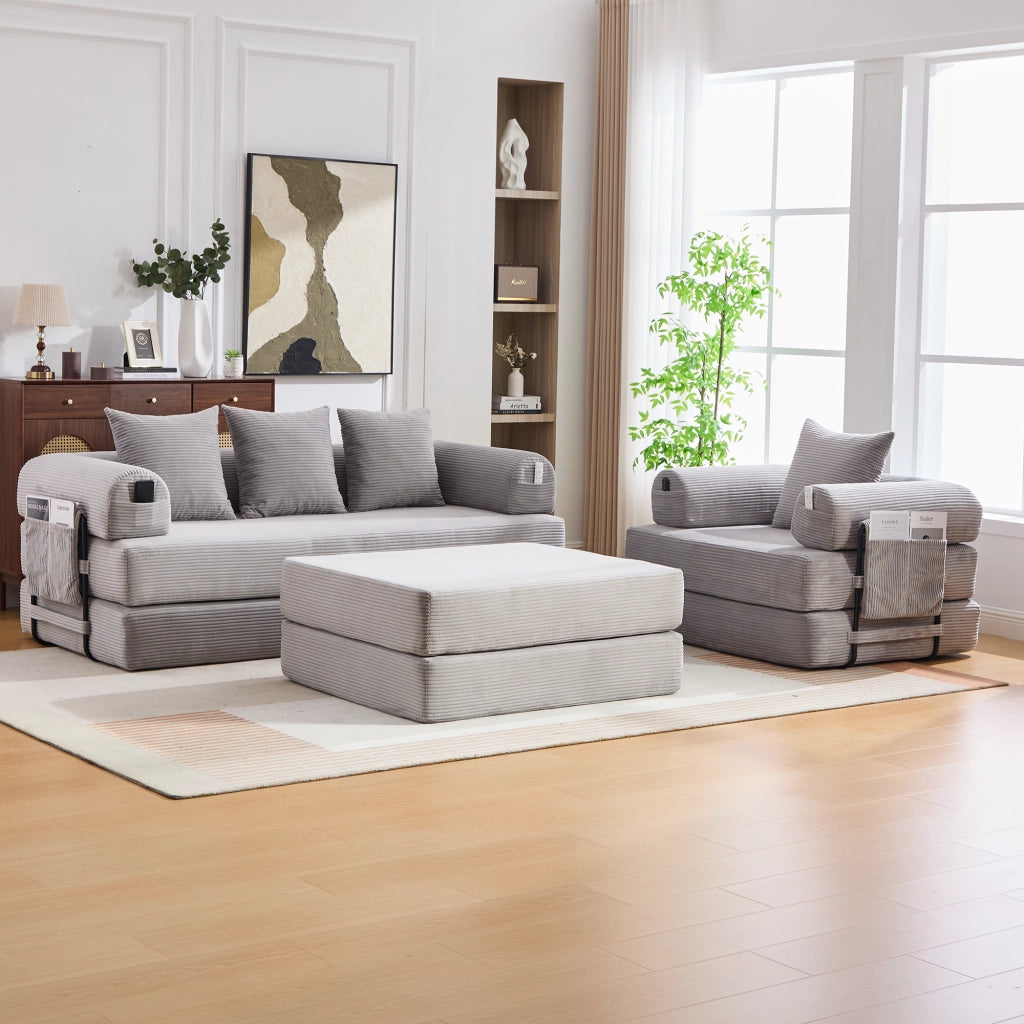 Divano modulare con tasca laterale e cuscini in tessuto a coste grigio chiaro