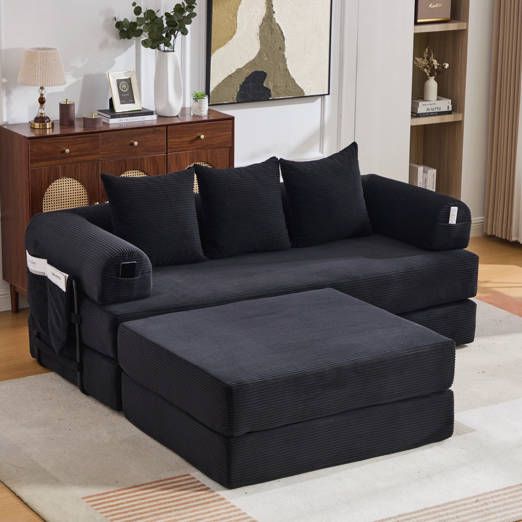 Divano Modulare con Pouf ¨C MINIMAL ¨C Tessuto a Coste, Cuscini, Nero