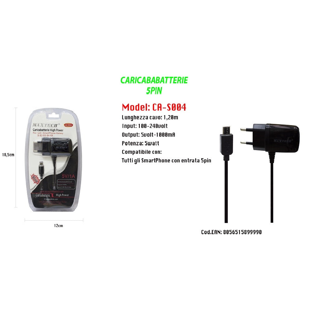 Trade Shop - Caricabatteria Da Rete Fissa Con Attacco Micro Usb 5pin 5v-1000mah Maxtech Ca-s004 -